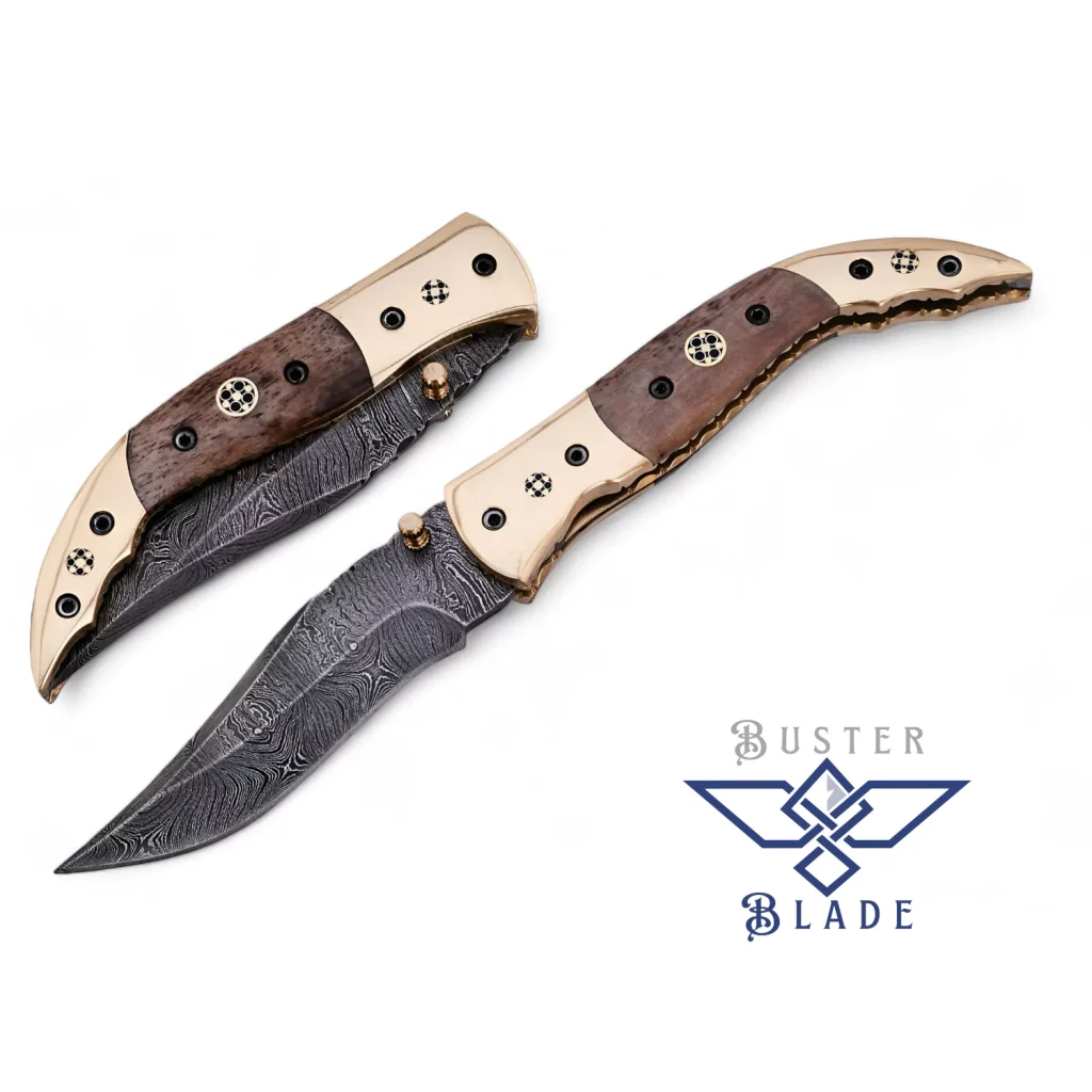 Damascus Blade Pocket Knife Bone Handle Pouch 614