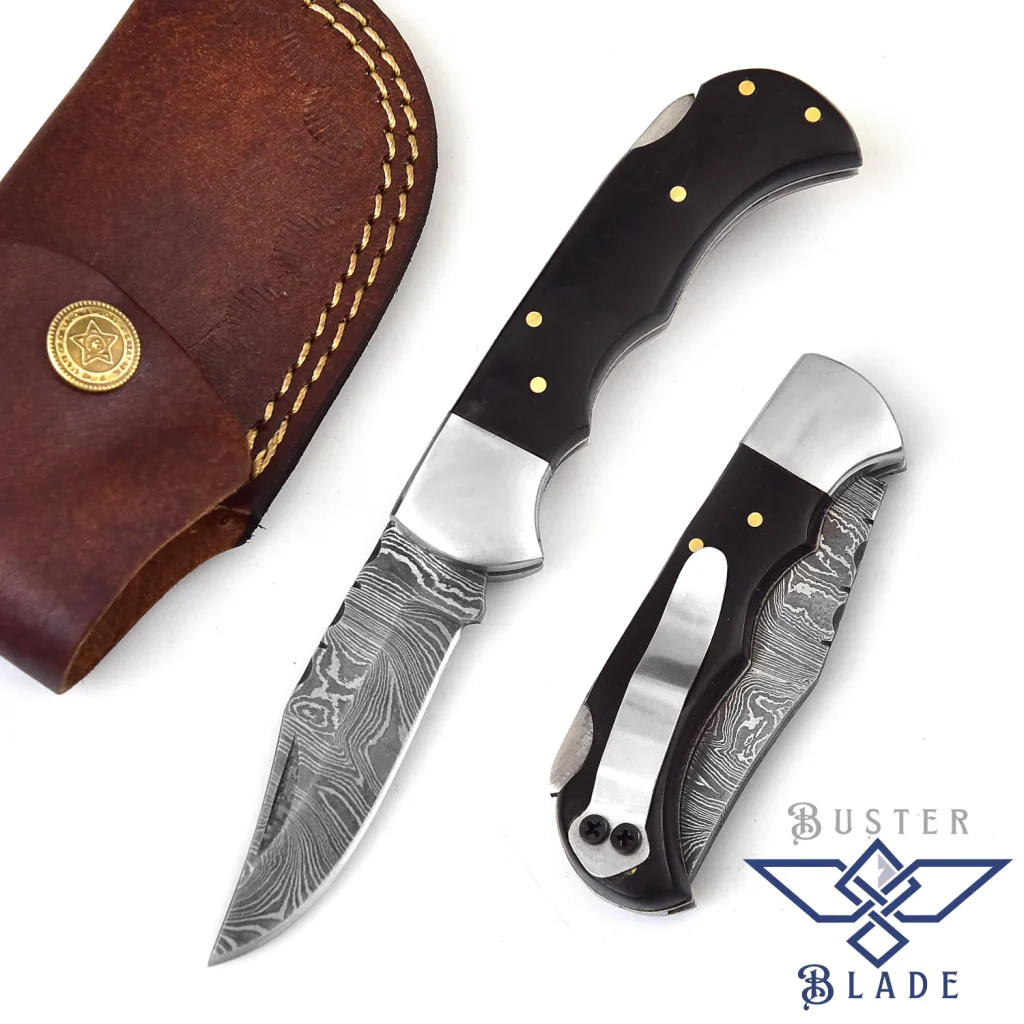 Damascus Folding Knife with Clip | Black Horn 606Blk