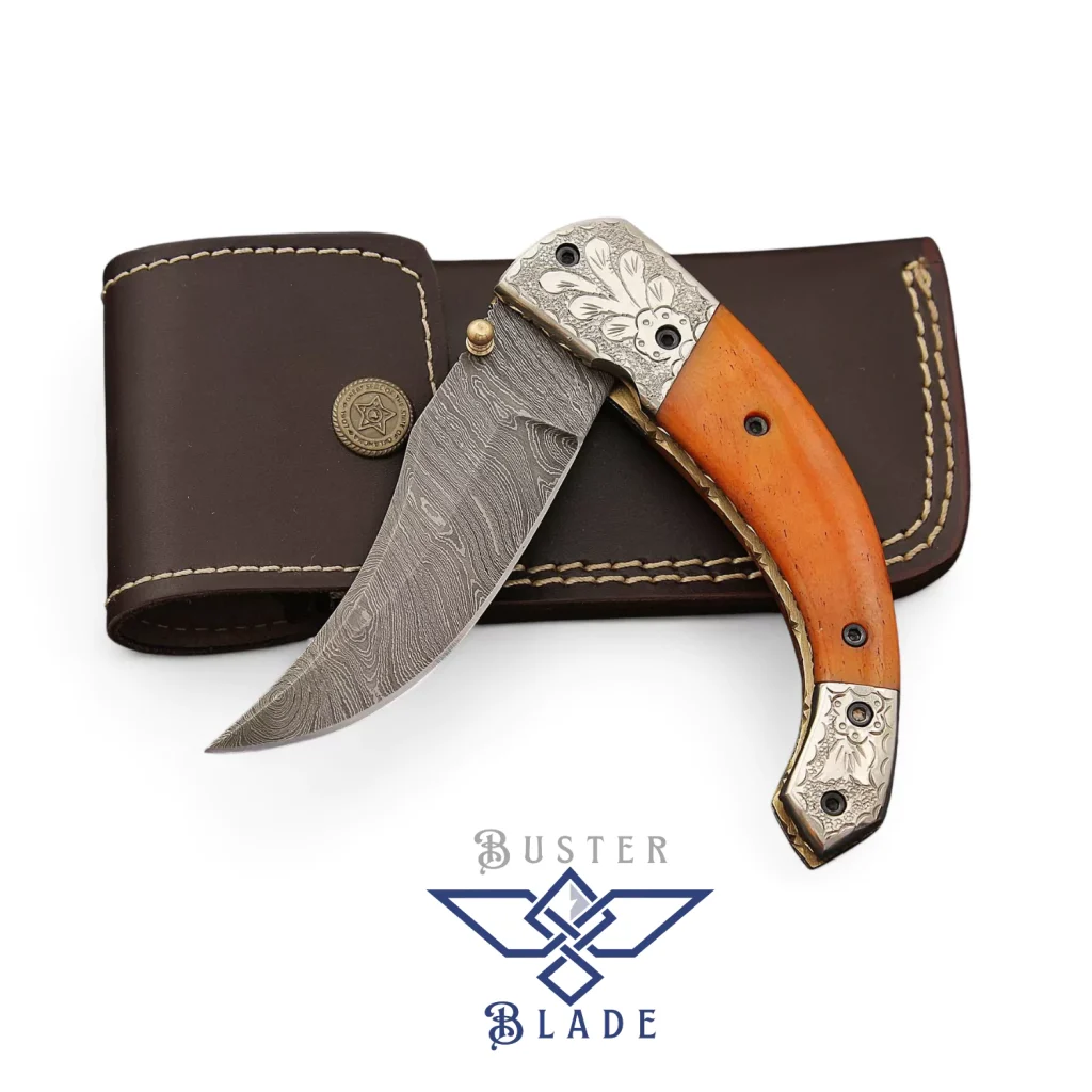 Damascus Folding Knife Engraved Silver Bolsters 612OB