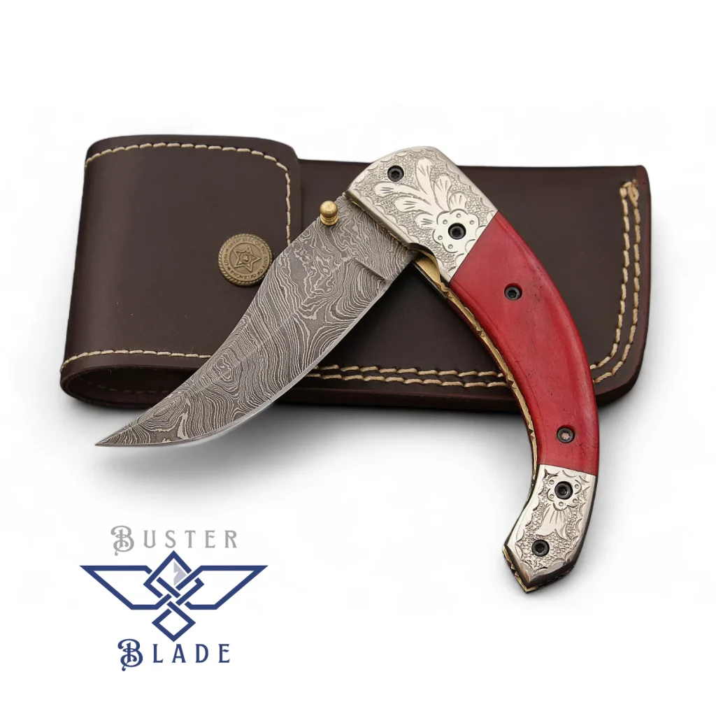Damascus Folding Knife Engraved Silver Bolsters 612PB
