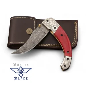 Damascus Folding Knife Engraved Silver Bolsters 612PB