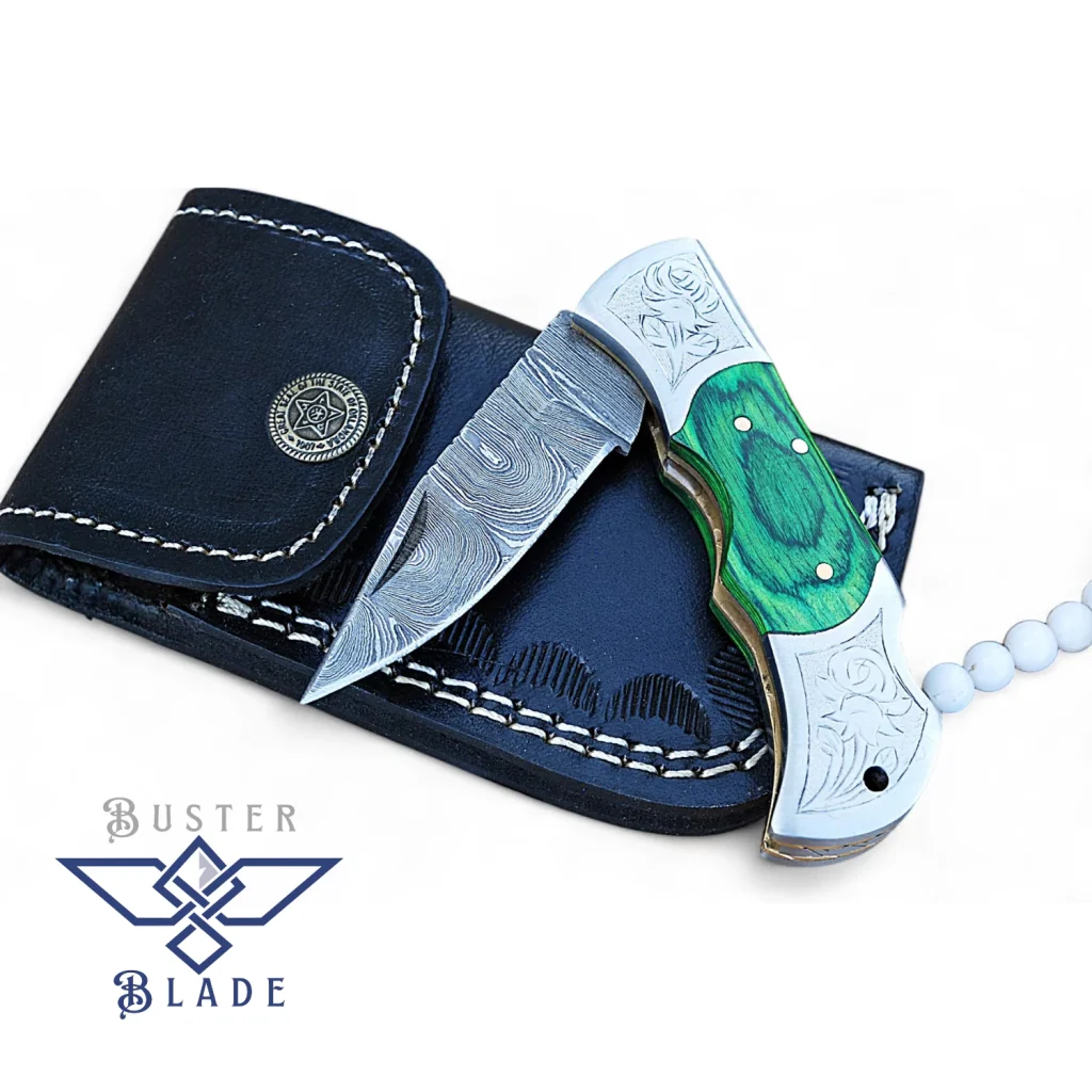 Damascus Steel Folding Knife Engraved Bolster 601