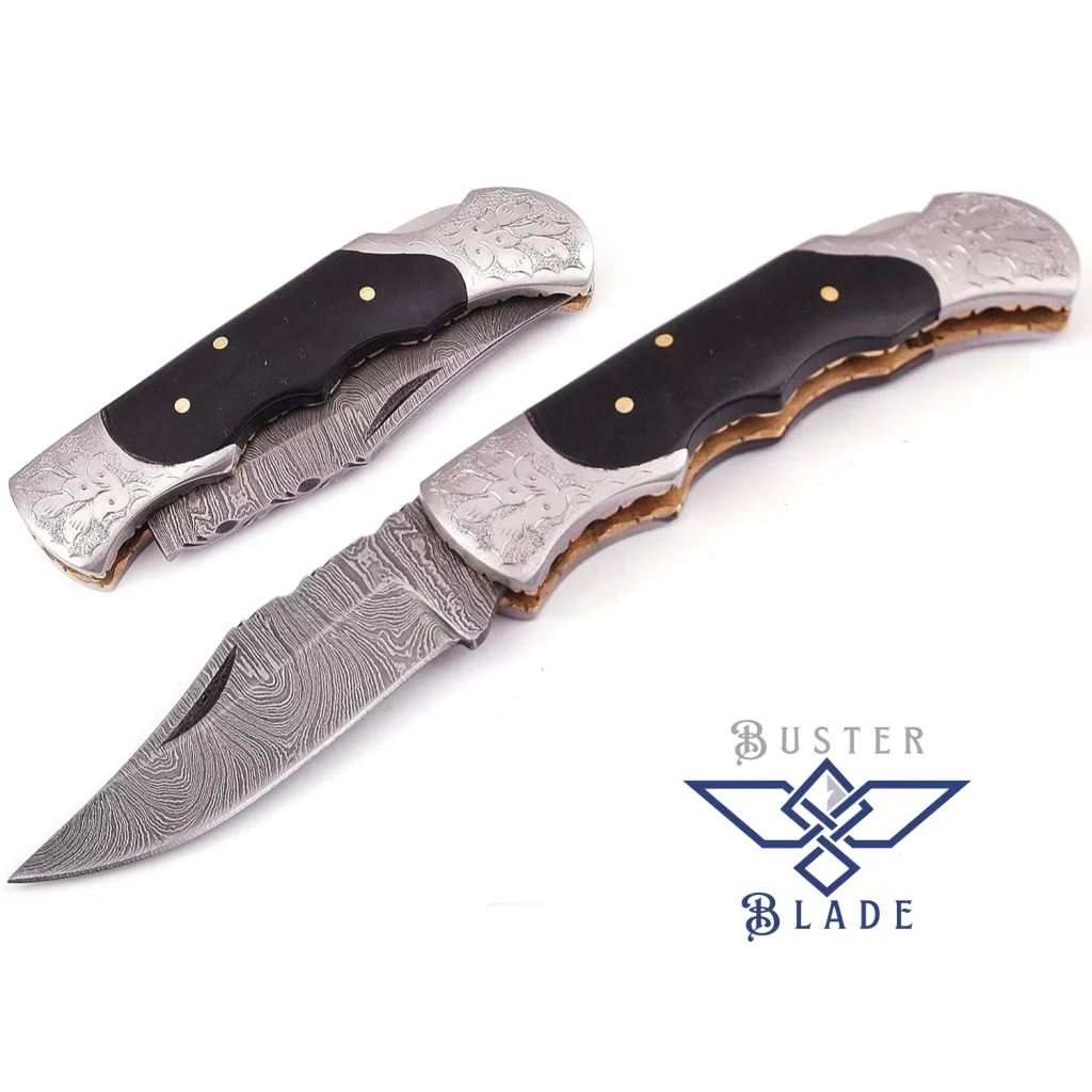 Damascus Steel Folding Knife Engraved Bolsters 670H