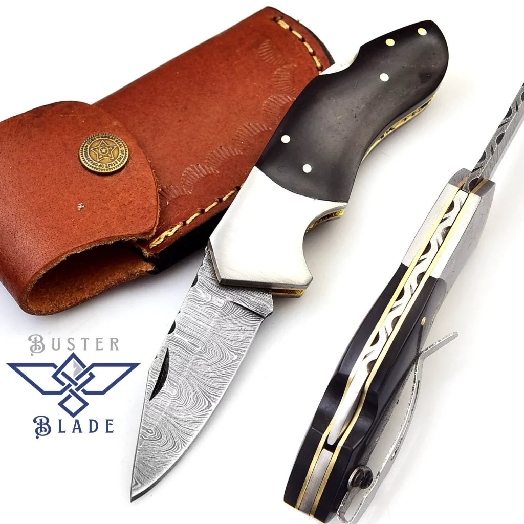 Damascus Steel Folding Knife with Clip | Black Horn 607H