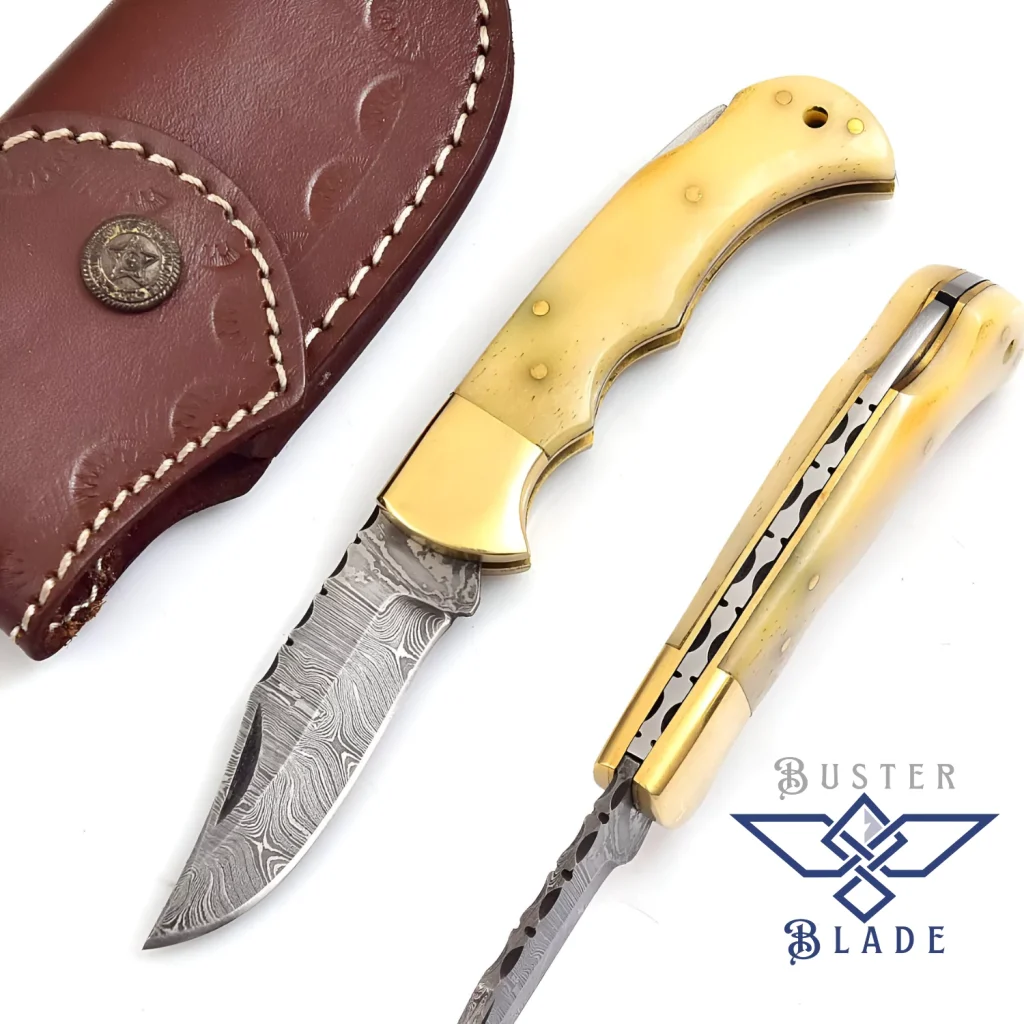 Damascus Steel Pocket Knife Bone Handle Pouch 667B