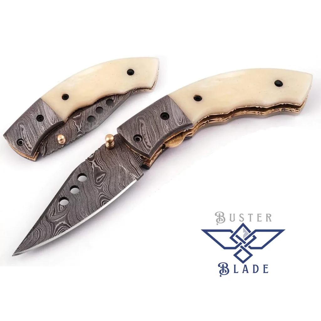 Damascus Steel Pocket Knife Bone Handle with Pouch 679B