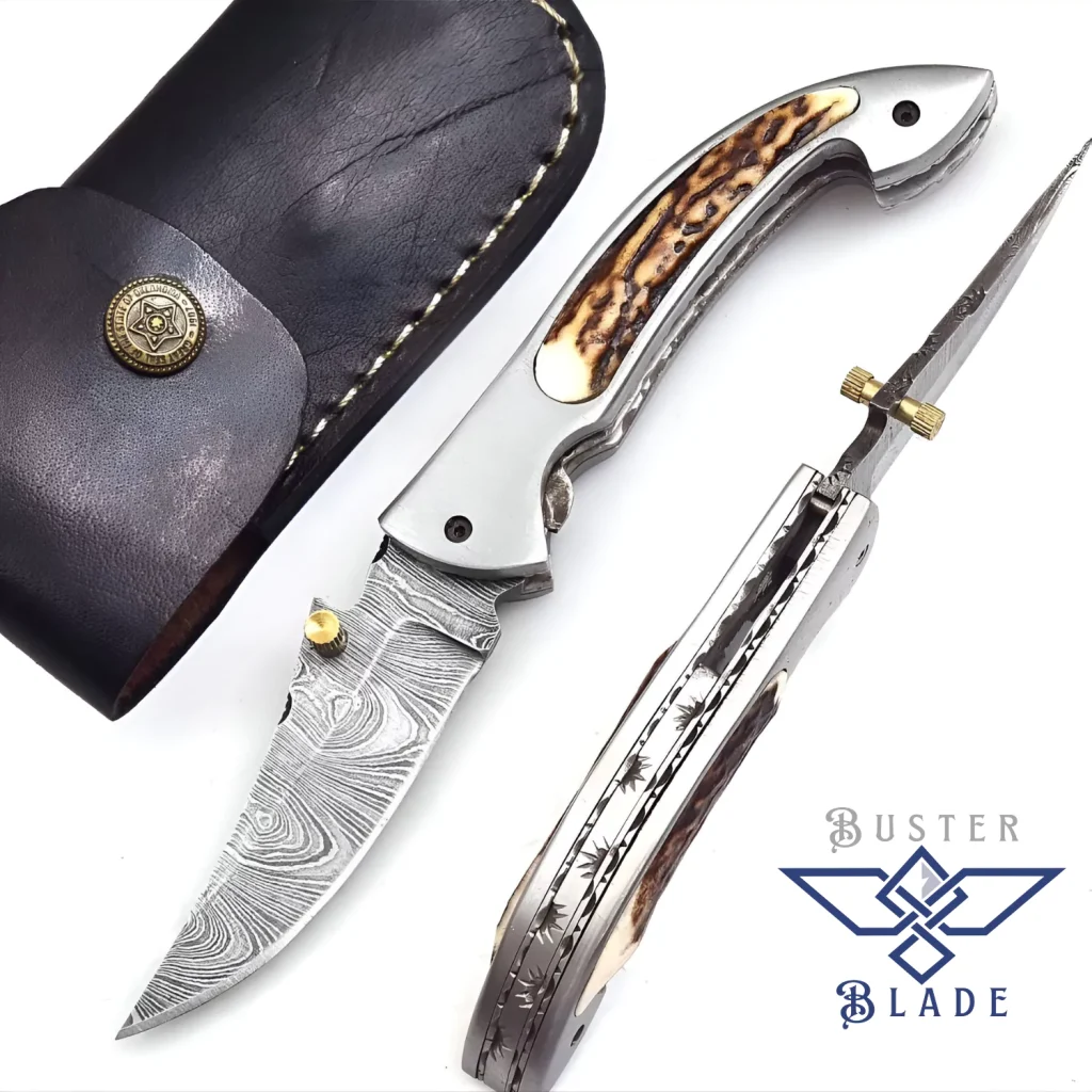Damascus Steel Pocket Knife Real Stag Horn 602S