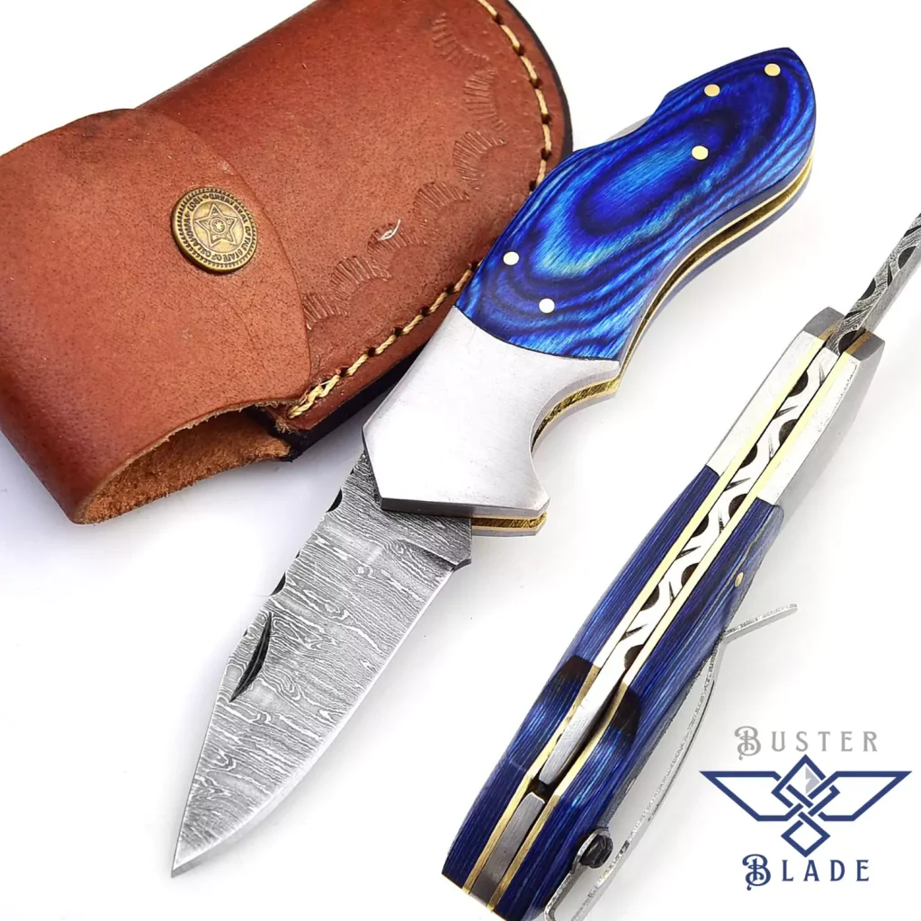 Damascus Steel Pocket Knife with Clip | Blue Wood 607BU