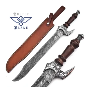 27" Damascus Steel Sword with Wolf Hilt 804