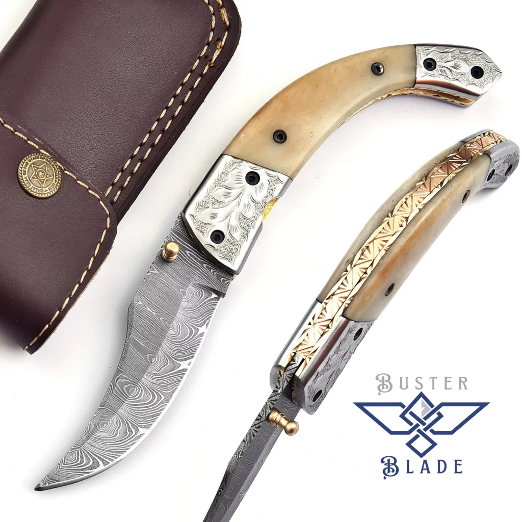 Engraved Damascus Pocket Knife with Cover 612B