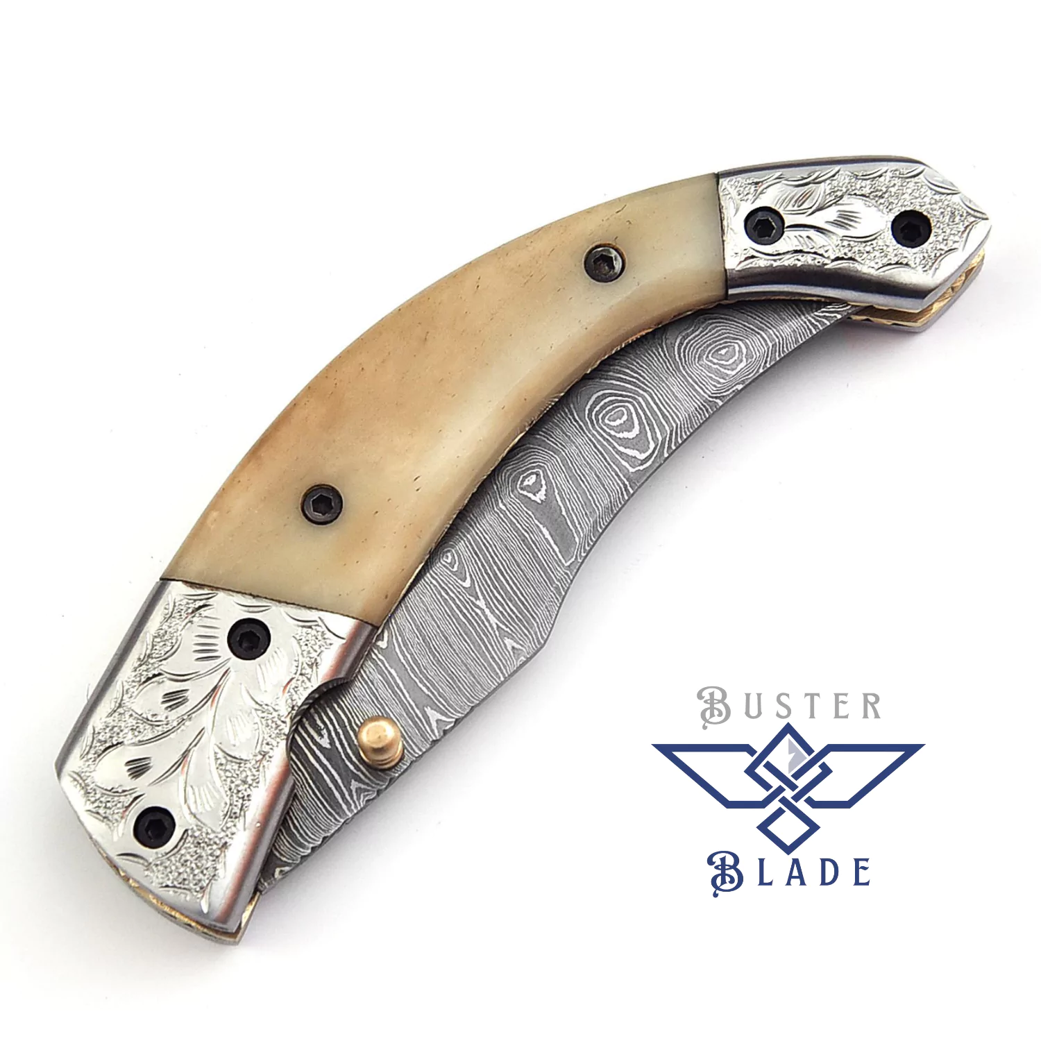 Engraved Damascus Pocket Knife with Cover 612B - Image 5