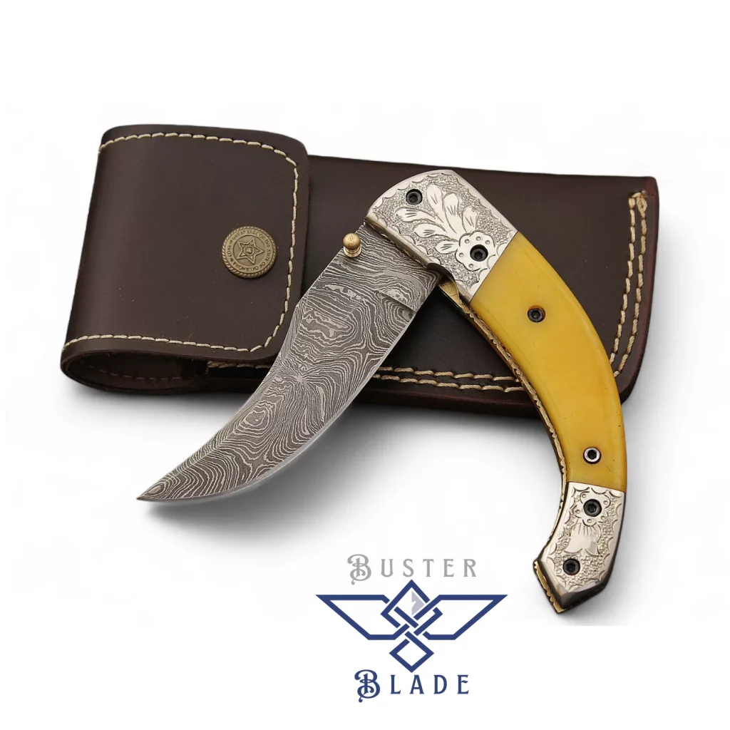 Engraved Silver Bolsters Damascus Pocket Knife 612YB