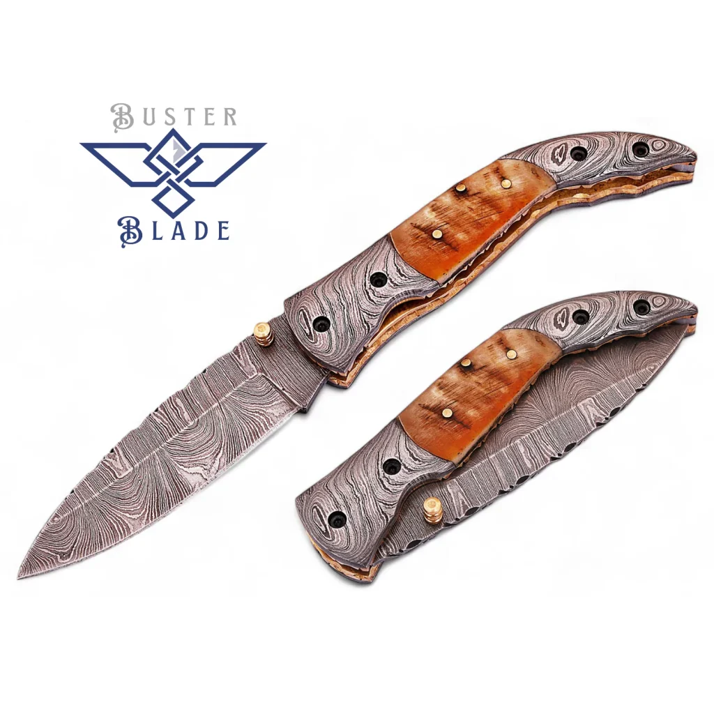 Handmade Damascus Folding Knife Ram Horn Handle 673R