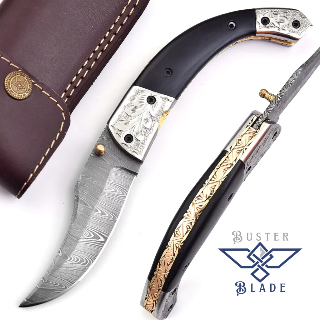 High End Damascus Folding Knife Black Horn Handle 612H