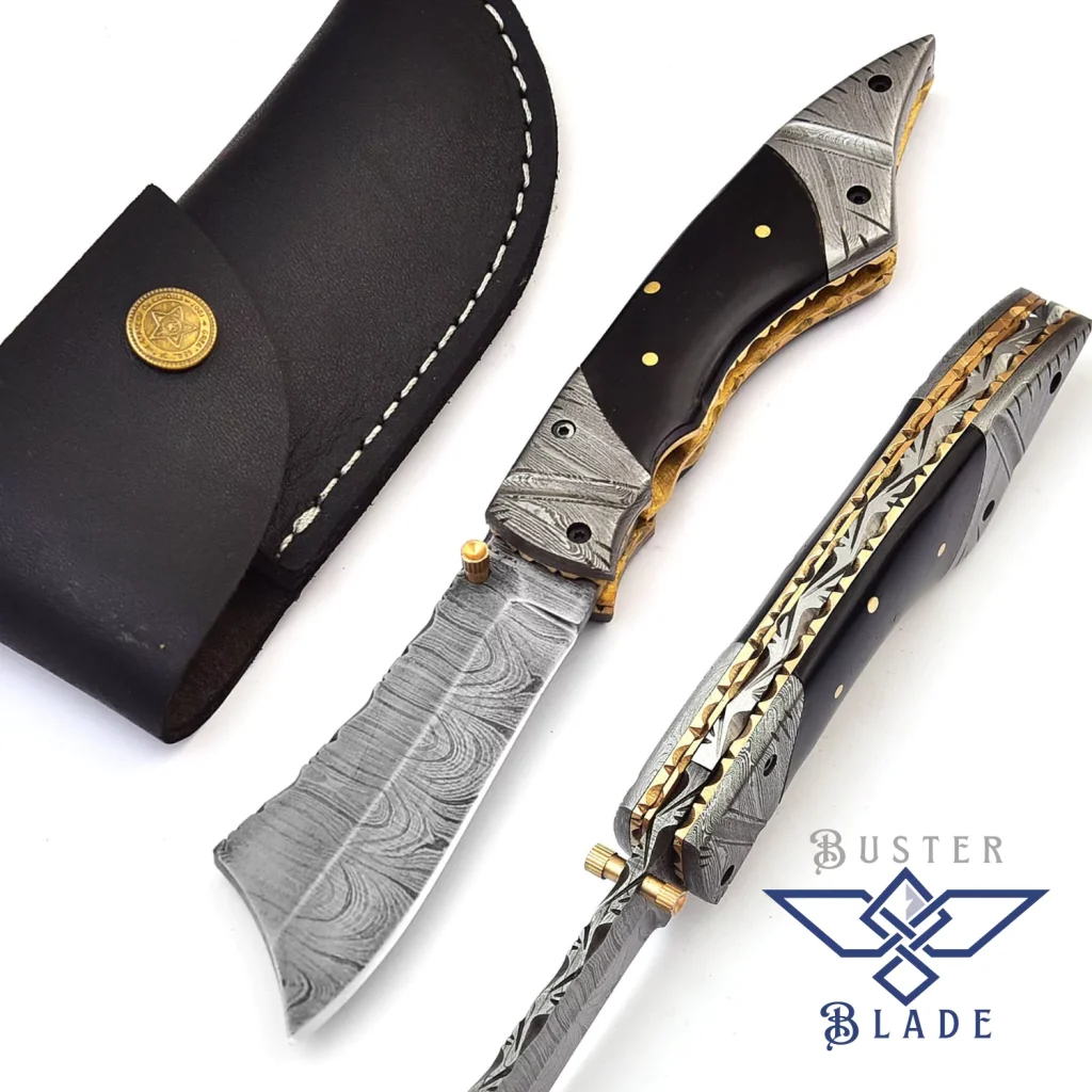 High End Damascus Folding Knife Horn Handle 663H