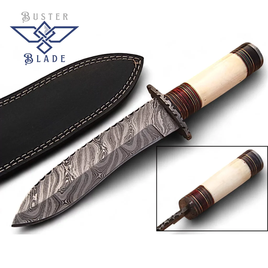Large Damascus Bowie Knife with Bone Handle 240
