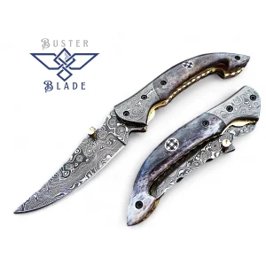 Real Damascus Pocket Knife with Cover 602