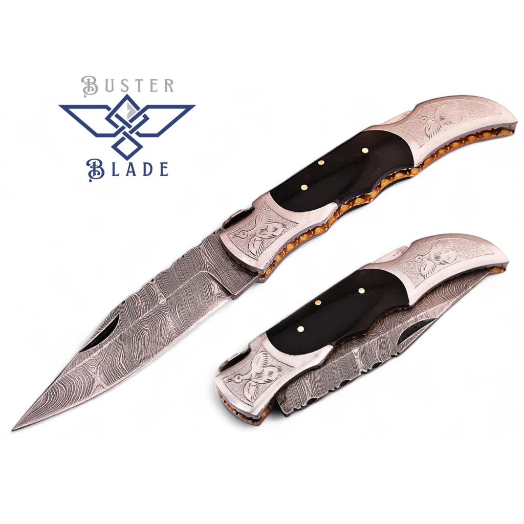 Real Damascus Pocket Knife Engraved Bolsters 662