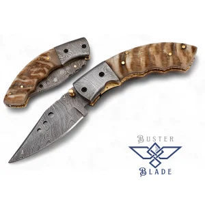 Real Damascus Pocket Knife Ram Handle with Sheath 679R