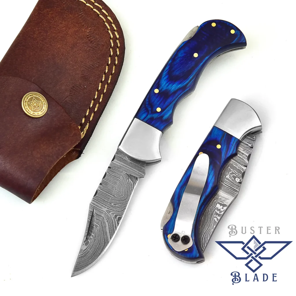 Real Damascus Pocket Knife with Clip | Blue Wood 606BU
