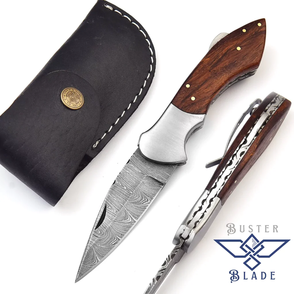 Real Damascus Pocket Knife with Clip Wood Handle 608