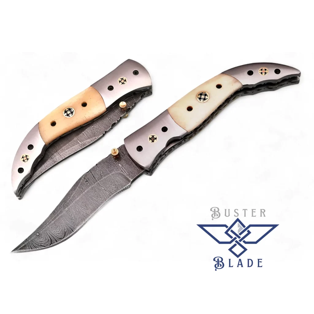Real Damascus Steel Folding Knife with Pouch 614W