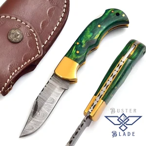 Small Damascus Blade Pocket Knife Green Wood 667Gr