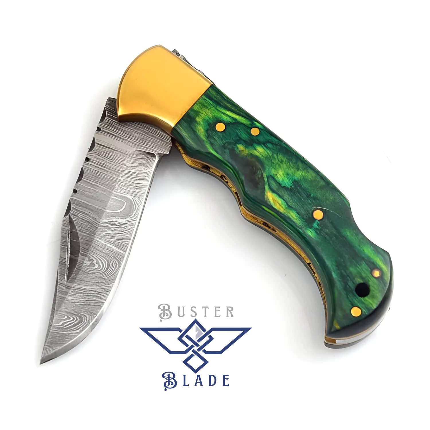 Small Damascus Blade Pocket Knife Green Wood 667Gr - Image 4