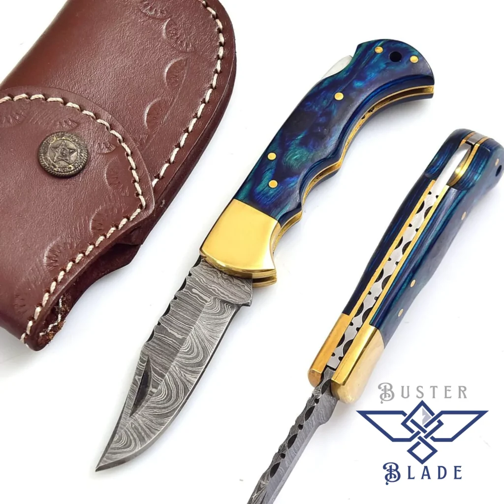 Small Damascus Folding Pocket Knife Blue Wood 667BU