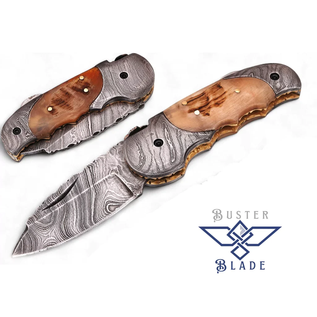 Small 6” Damascus Pocket Knife Ram Horn Handle 660