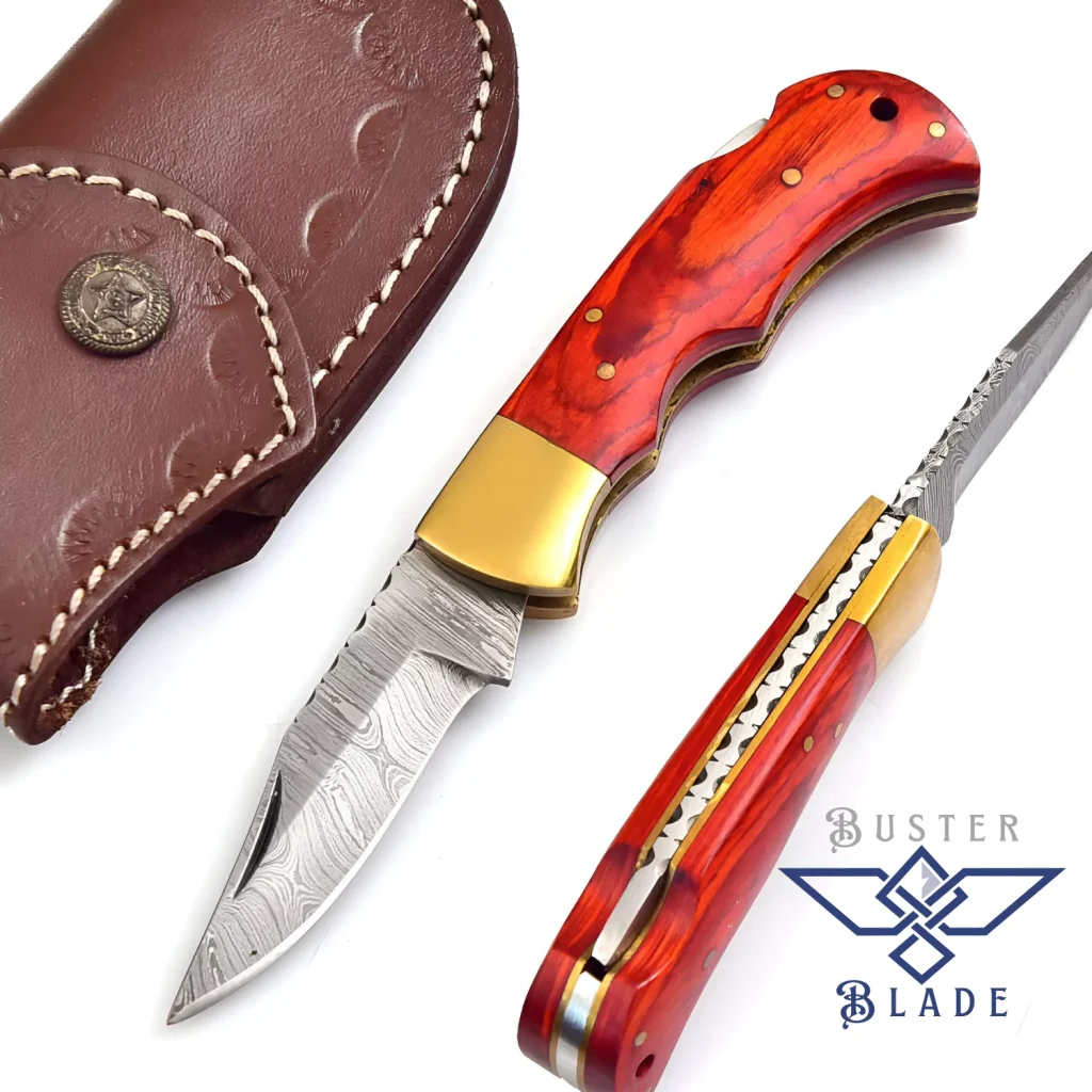 Small Damascus Steel Folding Knife Red Wood 667RD