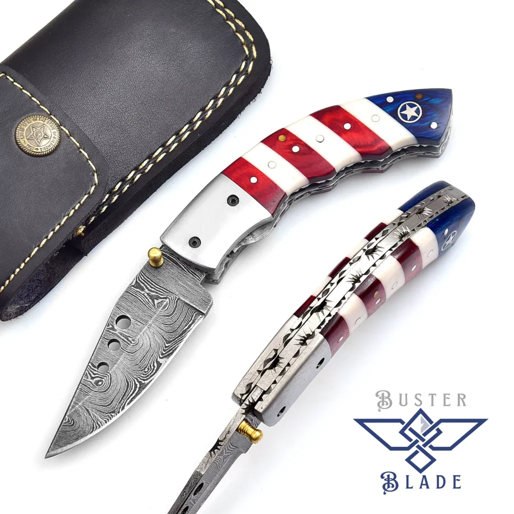 USA Flag Damascus Blade Pocket Knife with Sheath 679US