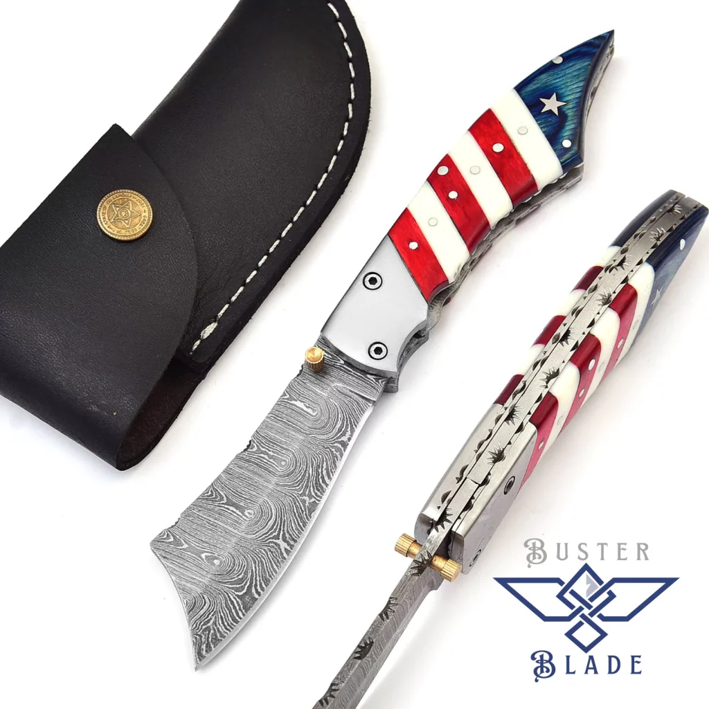 USA Flag Damascus Folding Knife with Pouch 663US