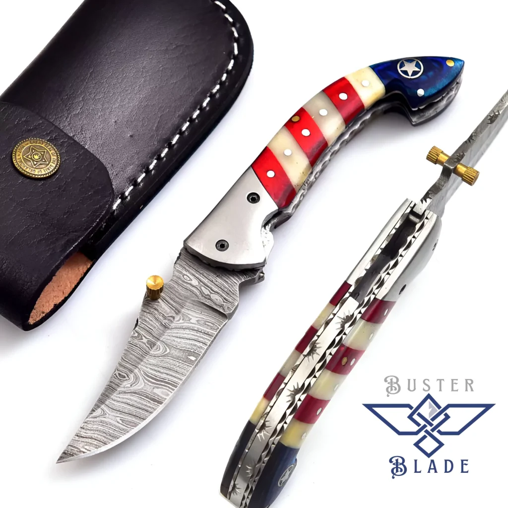 USA Flag Handle Damascus Folding Knife 602US