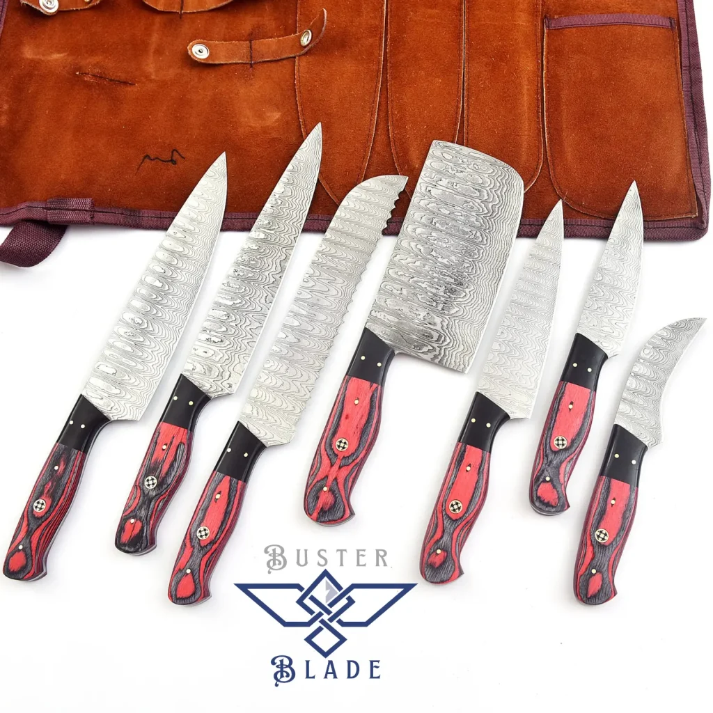 Red 7 pc Damascus Kitchen Knife Set with Bag 136