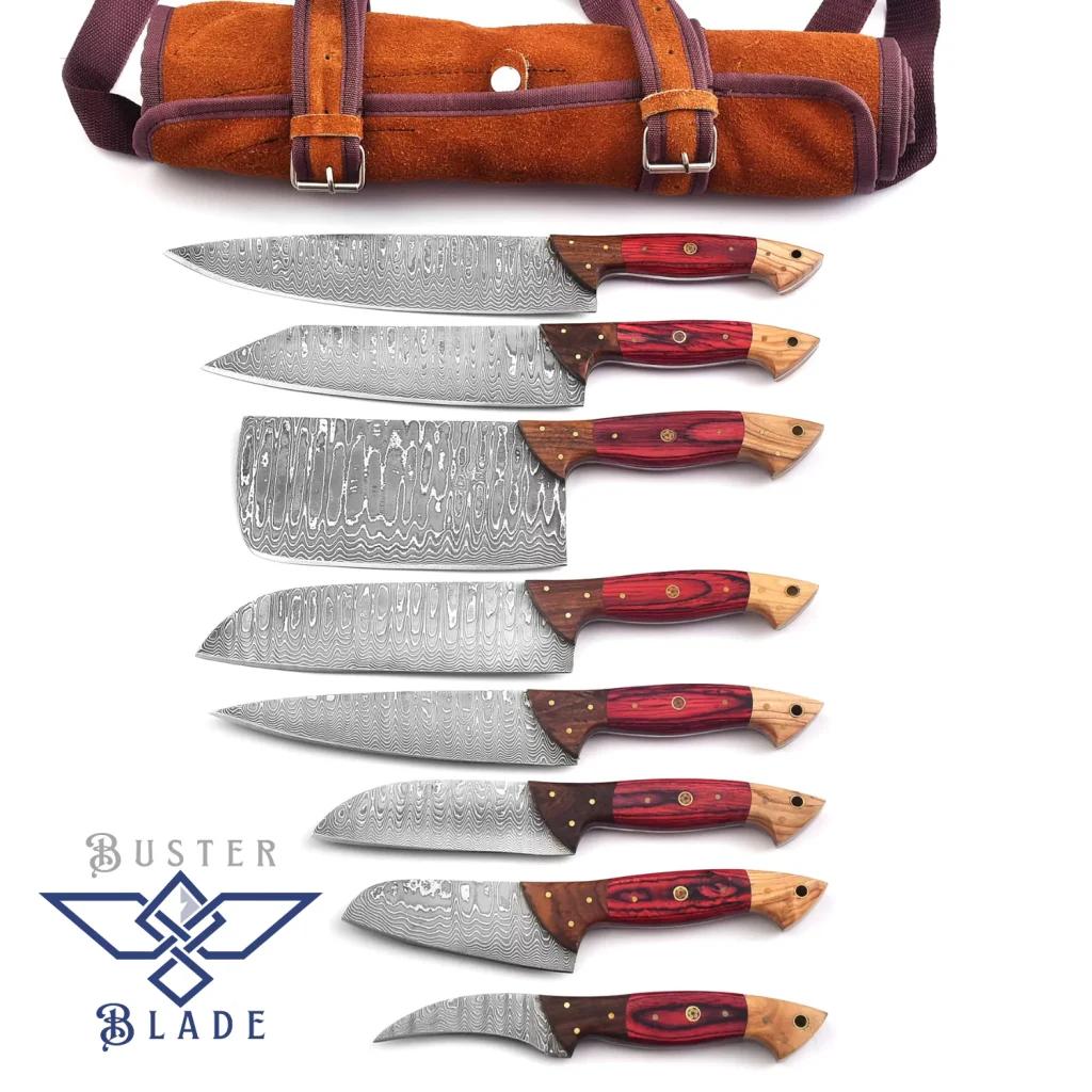 Red 8 pcs Rust Proof Damascus Steel Kitchen Knife Set 129