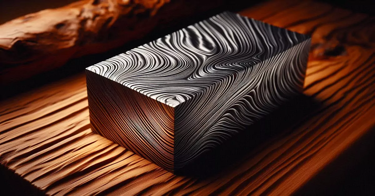 close up shot of a damascus steel billet showing its signature-wavy pattern placed-on a wooden surf